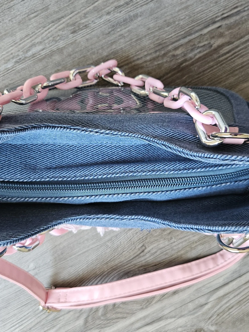 Source Unknown Blue Denim Shoulder Bag with Pink Accents